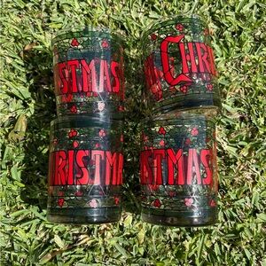 1970’s Cera Merry Christmas Holly Stained Glass Old Fashion Glasses Set of 4 EUC